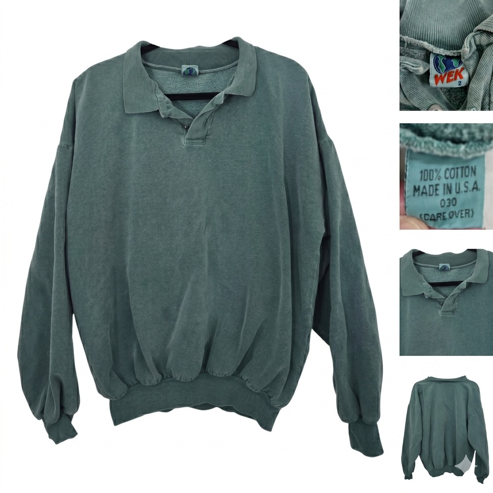 Vintage WEK Made in USA Collared Sweatshirt Green Boxy Faded 90s Mens XL‎